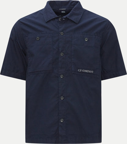 Cp Company Rip-Stop Embroidered Logo Short Sleeve Shirt in Navy