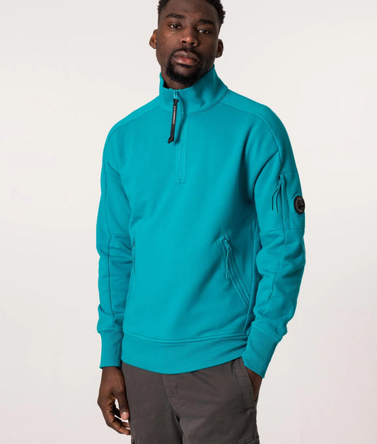 Cp Company Quarter Zip Polo Collar Sweatshirt In Tile Blue